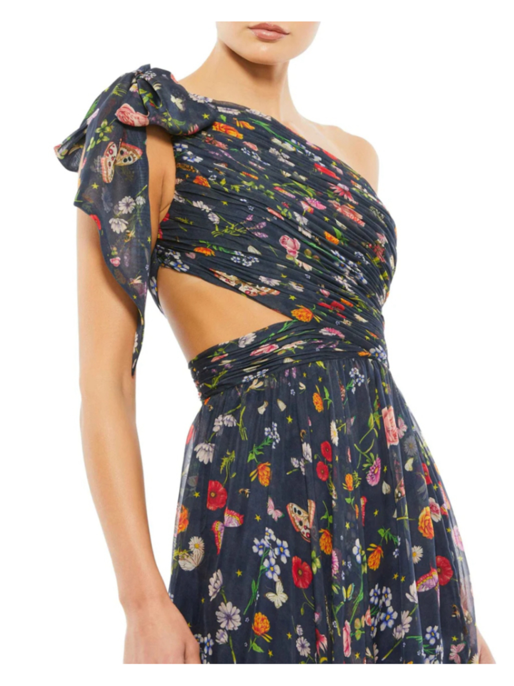Women's Mac Duggal One Shoulder Floral Maxi Dress Navy Multicolor Sz4 - Picture 3 of 9